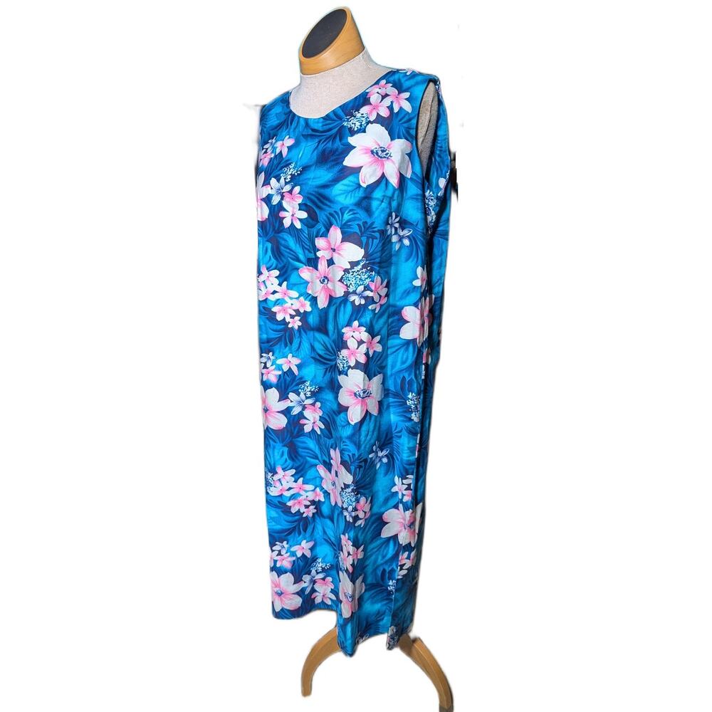 Vtg 1970s Island Fashions Made in Hawaii Blue Floral Sleeveless Shift Dress Sz L